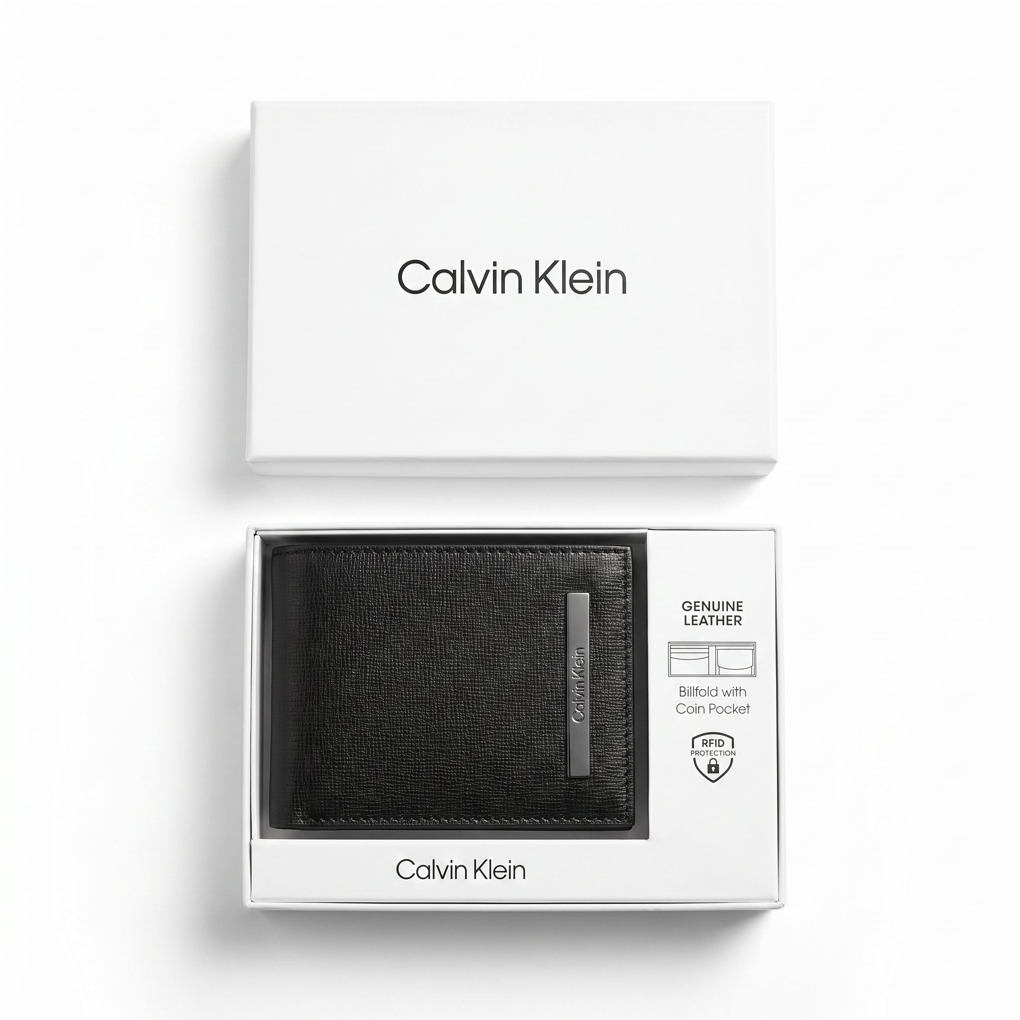 Top-down studio product photography of the Calvin Klein mirror original textured black leather wallet neatly resting inside its open white branded gift box