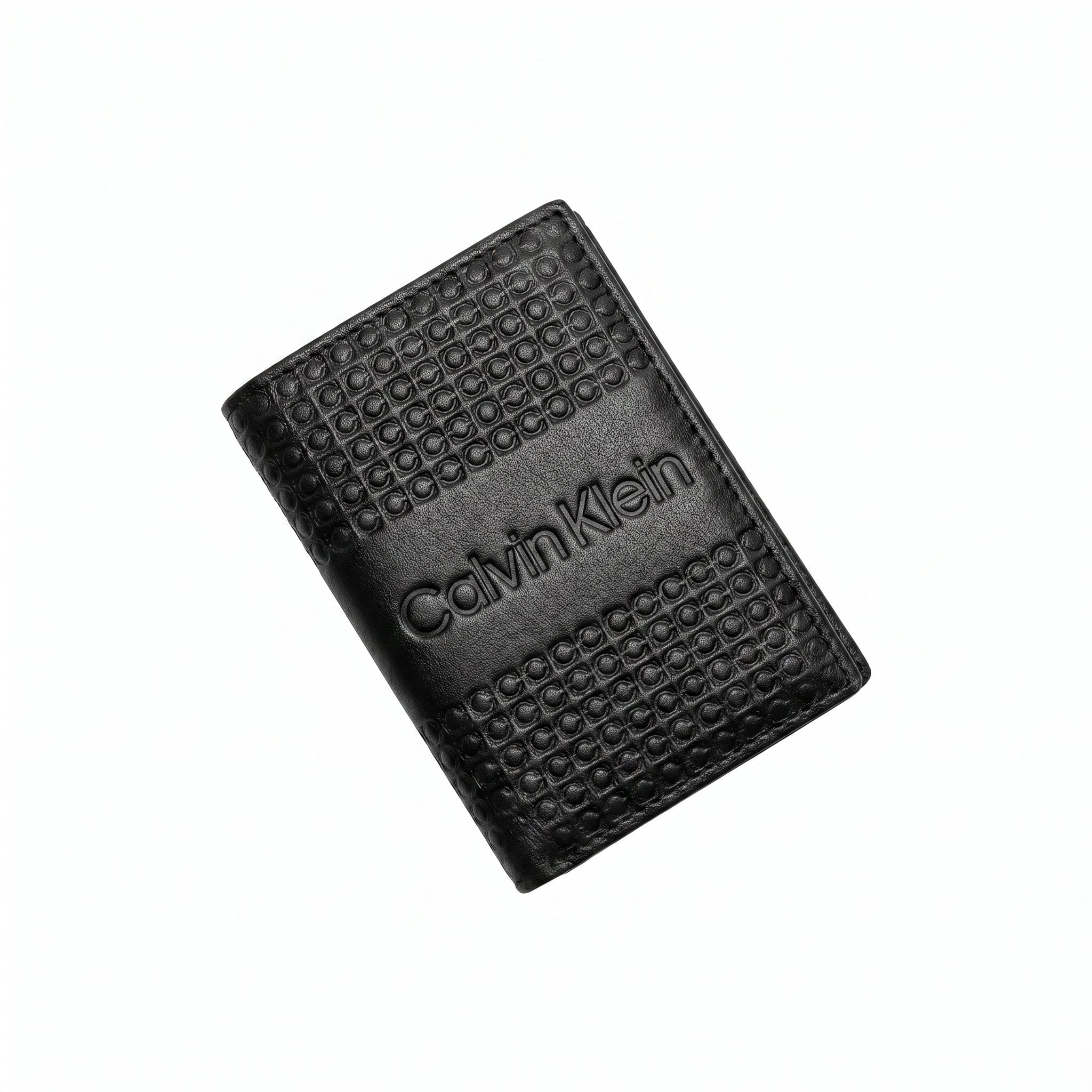 Professional angled studio photograph of the sleek Calvin Klein mirror original monogram bi-fold leather wallet
