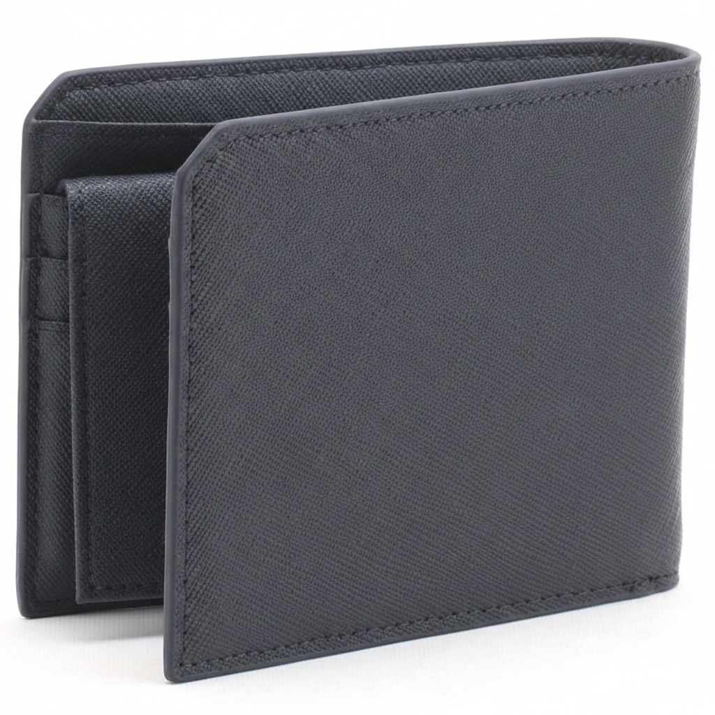Rear perspective view of a standing Calvin Klein men's navy blue saffiano leather wallet highlighting the clean minimalist back design and durable edge stitching