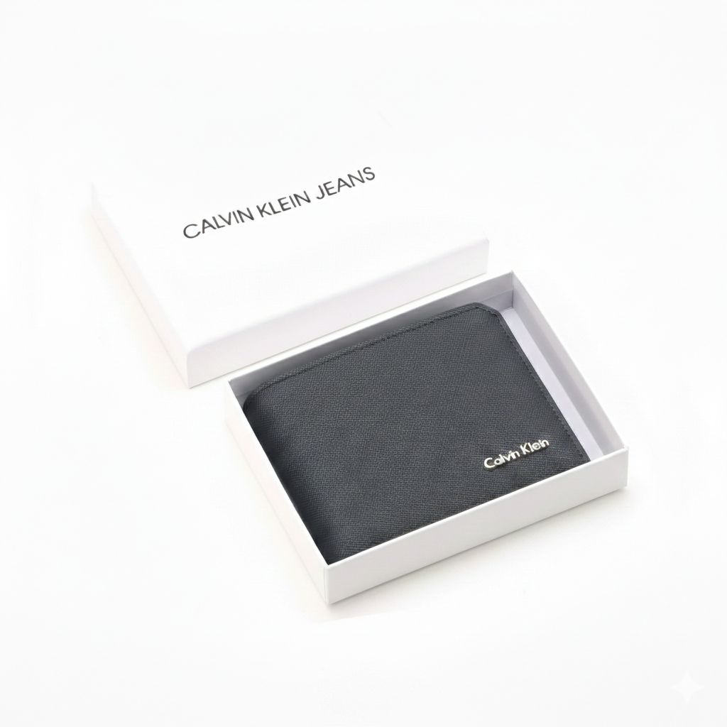 Angled view of a Calvin Klein men's navy blue saffiano leather wallet with a silver metal logo, beautifully presented inside an open white branded gift box