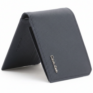 Straight-on front view of a slightly open Calvin Klein men's navy blue saffiano leather wallet displaying the elegant silver metal Calvin Klein logo