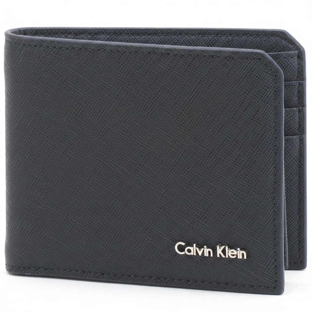 Straight-on front view of a slightly open Calvin Klein men's navy blue saffiano leather wallet displaying the elegant silver metal Calvin Klein logo