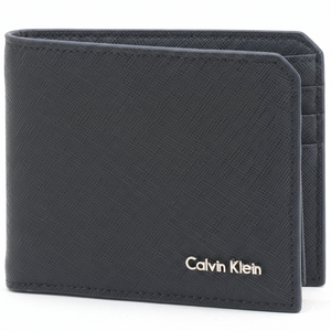 Straight-on front view of a slightly open Calvin Klein men's navy blue saffiano leather wallet displaying the elegant silver metal Calvin Klein logo