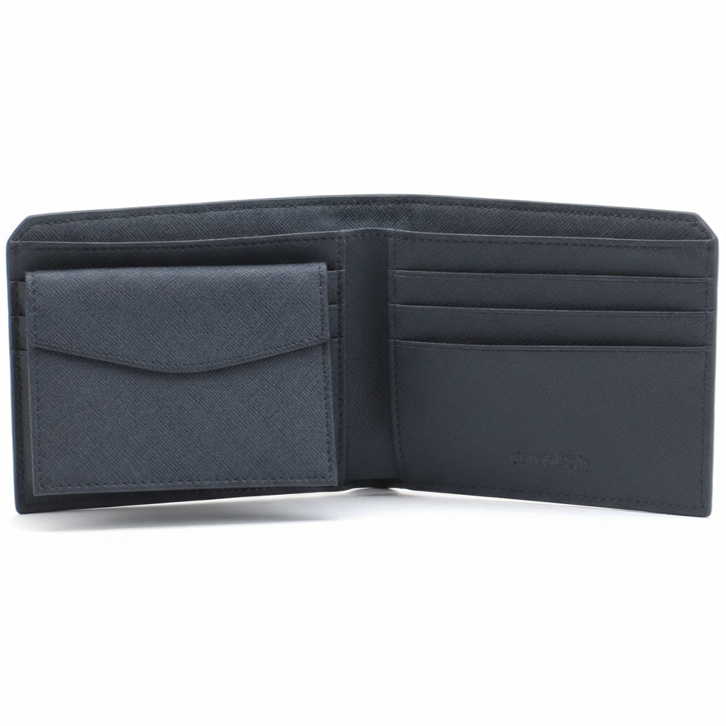 Fully open interior view of a Calvin Klein men's navy blue saffiano leather wallet featuring a snap-button coin pocket on the left and card slots with debossed branding on the right
