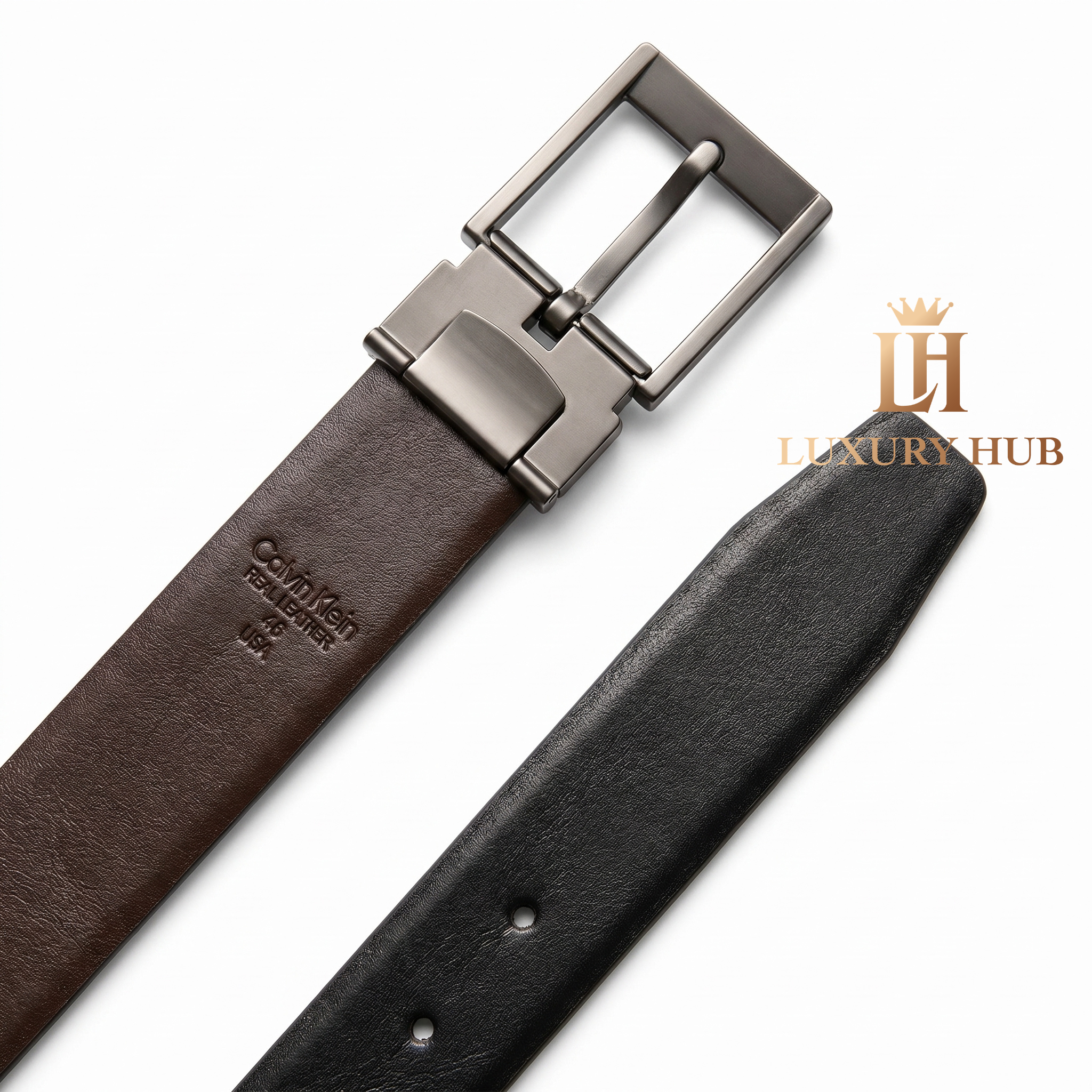 Macro photography of the high-quality real leather texture and interior branding on the CK belt
