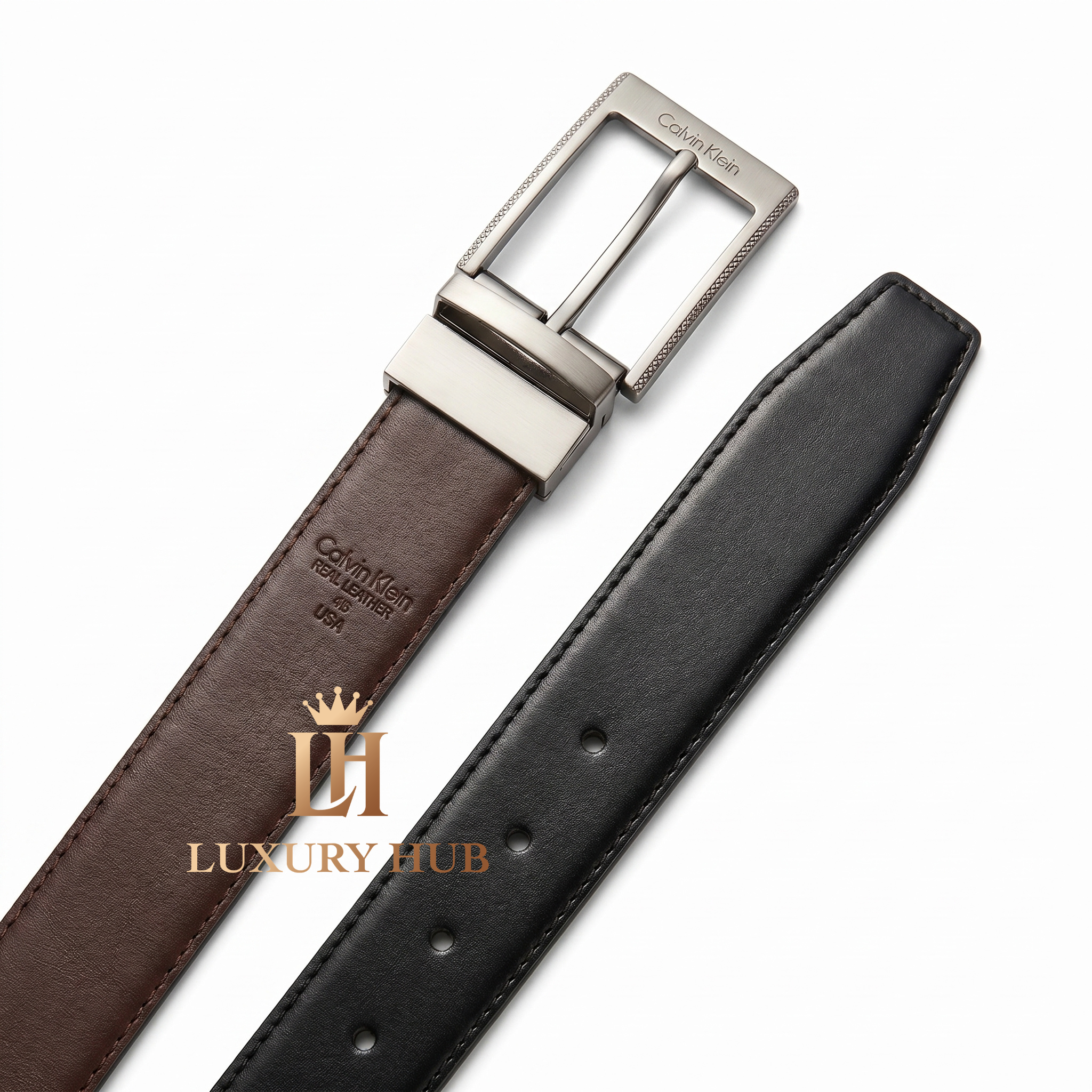 Calvin Klein double-face belt display showing both the black and brown premium leather sides