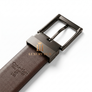 Macro photography of the high-quality real leather grain on the Calvin Klein mirror original belt