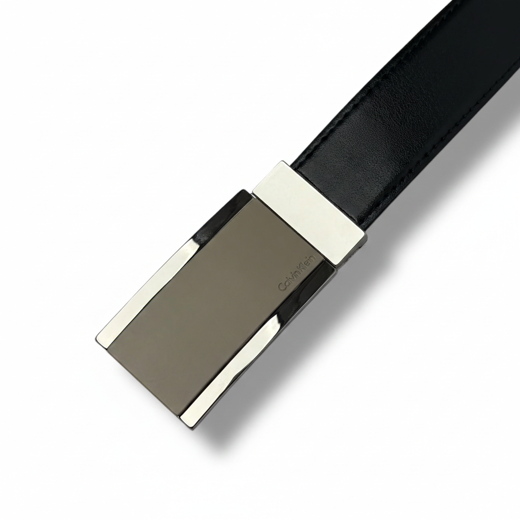 Close up of gunmetal buckle mechanism for Calvin Klein reversible men's belt