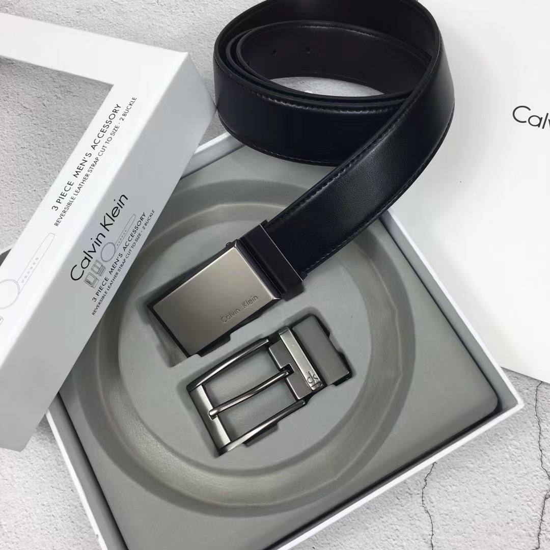 Calvin Klein Black Leather Belt Strap with Silver Plaque Buckle