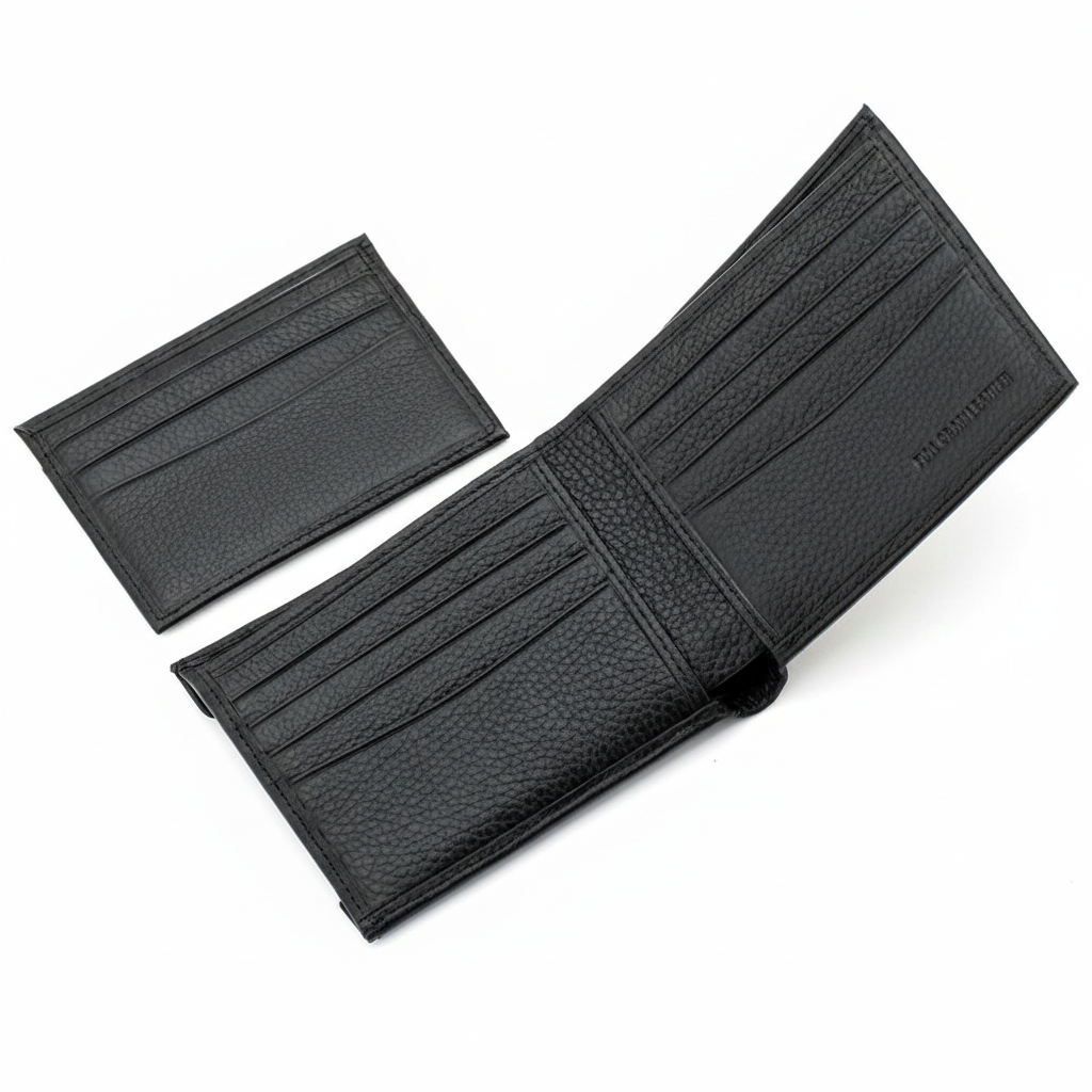 Angled interior view of an open Calvin Klein men's black wallet showing card slots and full grain leather debossing, next to its removable cardholder