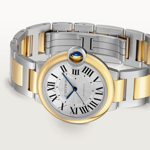Cartier Ballon Bleu de Cartier men's quartz watch, 36mm case, silver dial, two-tone stainless steel bracelet – angle view