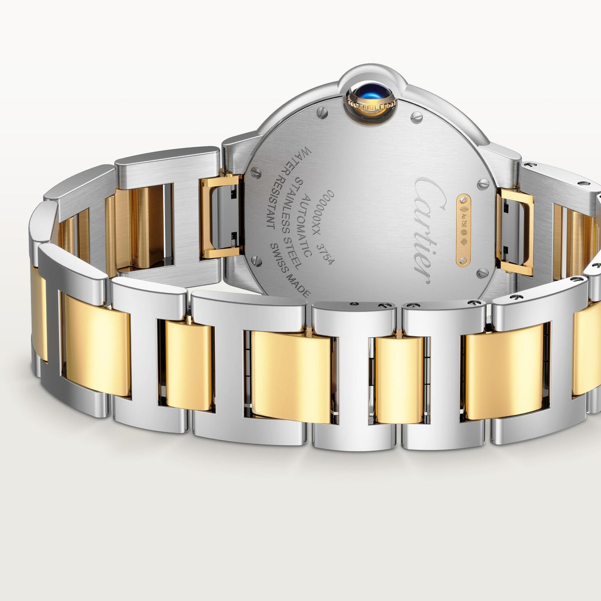 Cartier Ballon Bleu de Cartier men's quartz watch, 36mm case, silver dial, two-tone stainless steel bracelet – caseback view