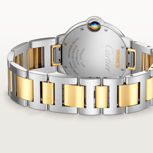 Cartier Ballon Bleu de Cartier men's quartz watch, 36mm case, silver dial, two-tone stainless steel bracelet – caseback view