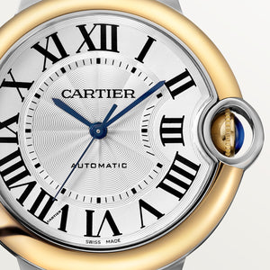 Cartier Ballon Bleu de Cartier men's quartz watch, 36mm case, silver dial, two-tone stainless steel bracelet – dial close-up