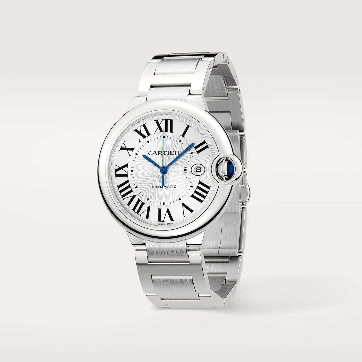 Cartier Ballon Bleu de Cartier men's quartz watch, 42mm case, silver dial, silver stainless steel bracelet – angle view