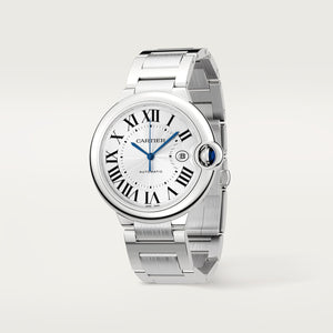 Cartier Ballon Bleu de Cartier men's quartz watch, 42mm case, silver dial, silver stainless steel bracelet – angle view