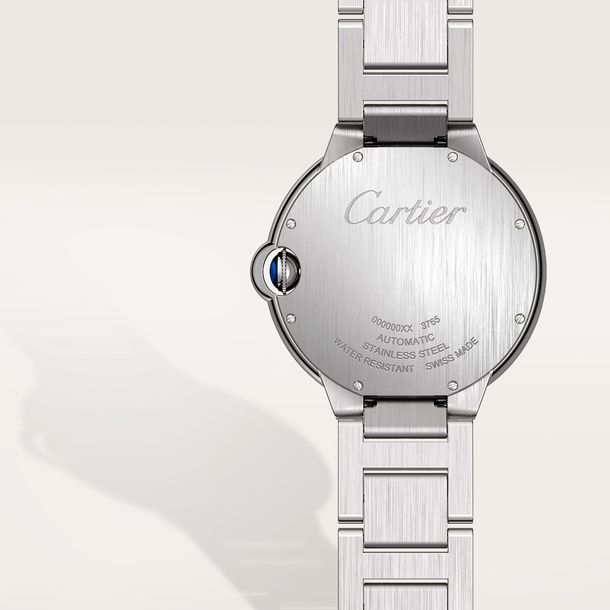 Cartier Ballon Bleu de Cartier men's quartz watch, 42mm case, silver dial, silver stainless steel bracelet – caseback view