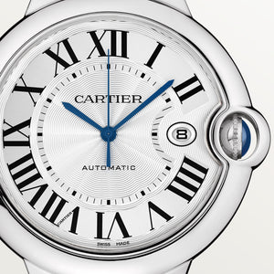 Cartier Ballon Bleu de Cartier men's quartz watch, 42mm case, silver dial, silver stainless steel bracelet – dial close-up