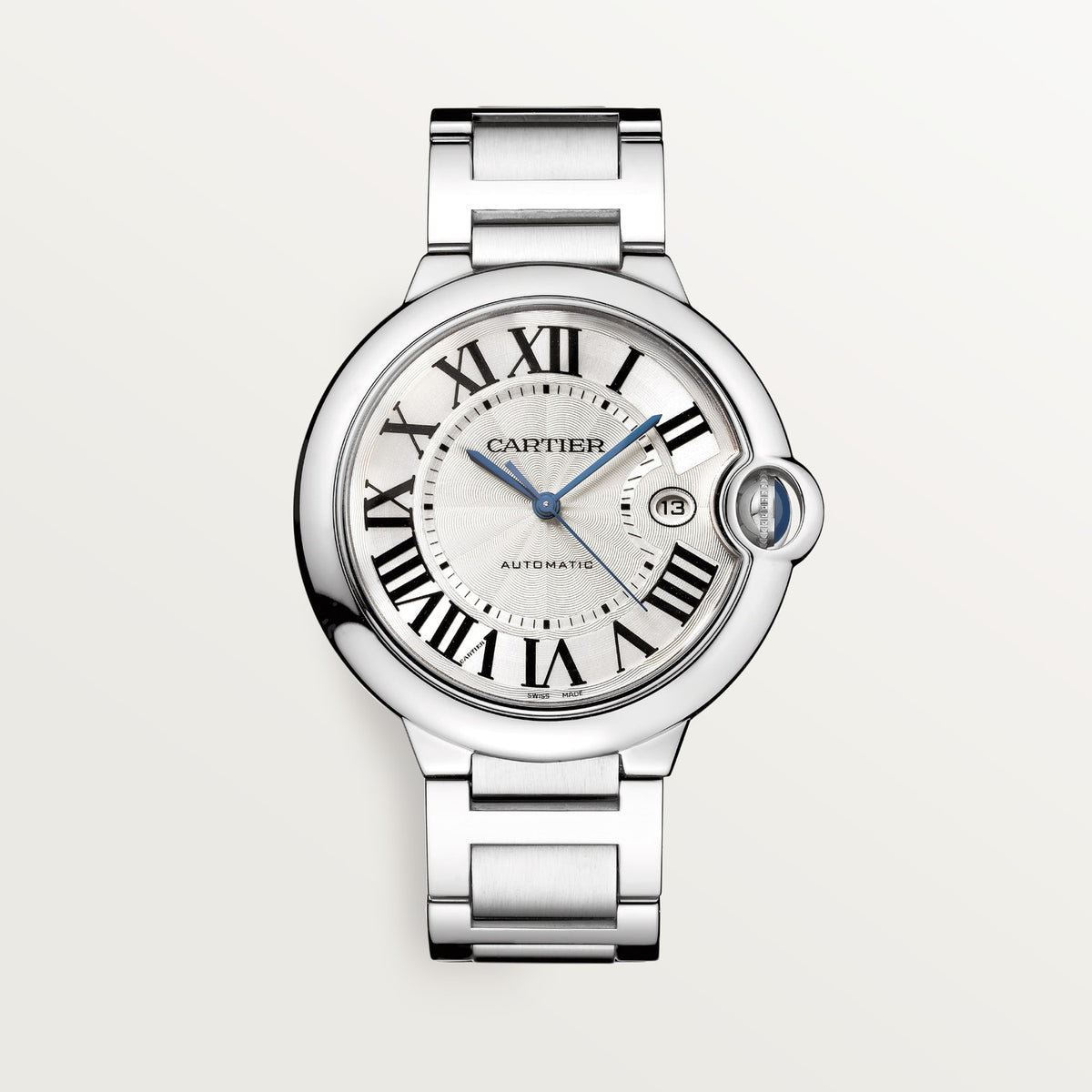 Cartier Ballon Bleu de Cartier men's quartz watch, 42mm case, silver dial, silver stainless steel bracelet – front view