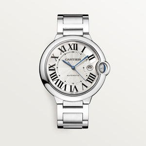 Cartier Ballon Bleu de Cartier men's quartz watch, 42mm case, silver dial, silver stainless steel bracelet – front view