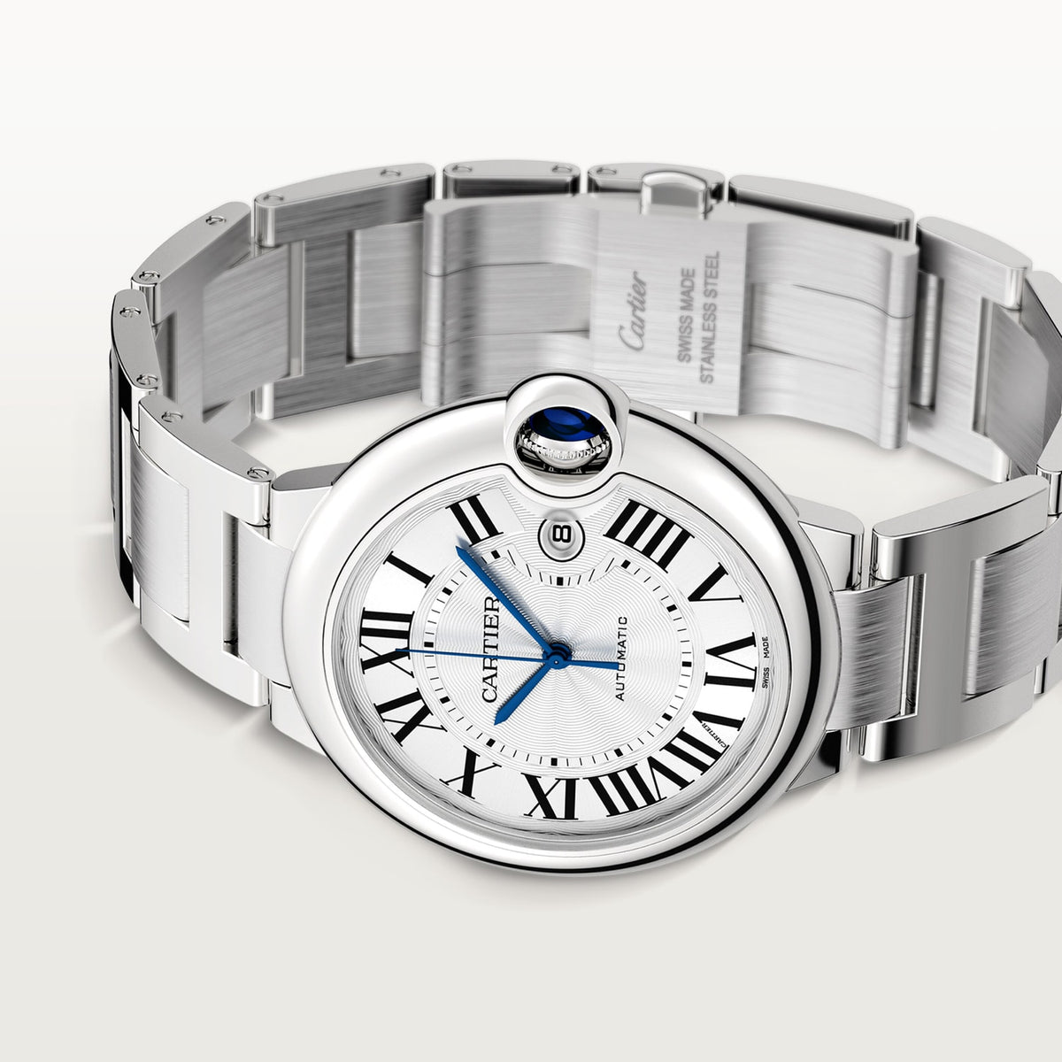 Cartier Ballon Bleu de Cartier men's quartz watch, 42mm case, silver dial, silver stainless steel bracelet – side angle view