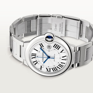 Cartier Ballon Bleu de Cartier men's quartz watch, 42mm case, silver dial, silver stainless steel bracelet – side angle view
