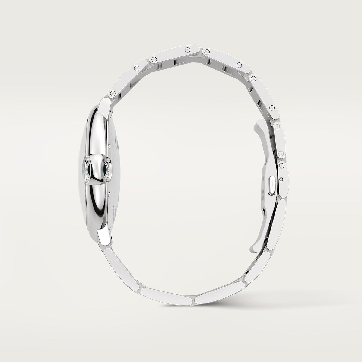 Cartier Ballon Bleu de Cartier men's quartz watch, 42mm case, silver dial, silver stainless steel bracelet – side profile view
