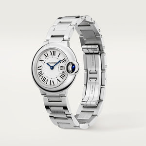 Cartier Ballon Bleu de Cartier women's quartz watch, 33mm case, silver dial, silver stainless steel bracelet – angle view