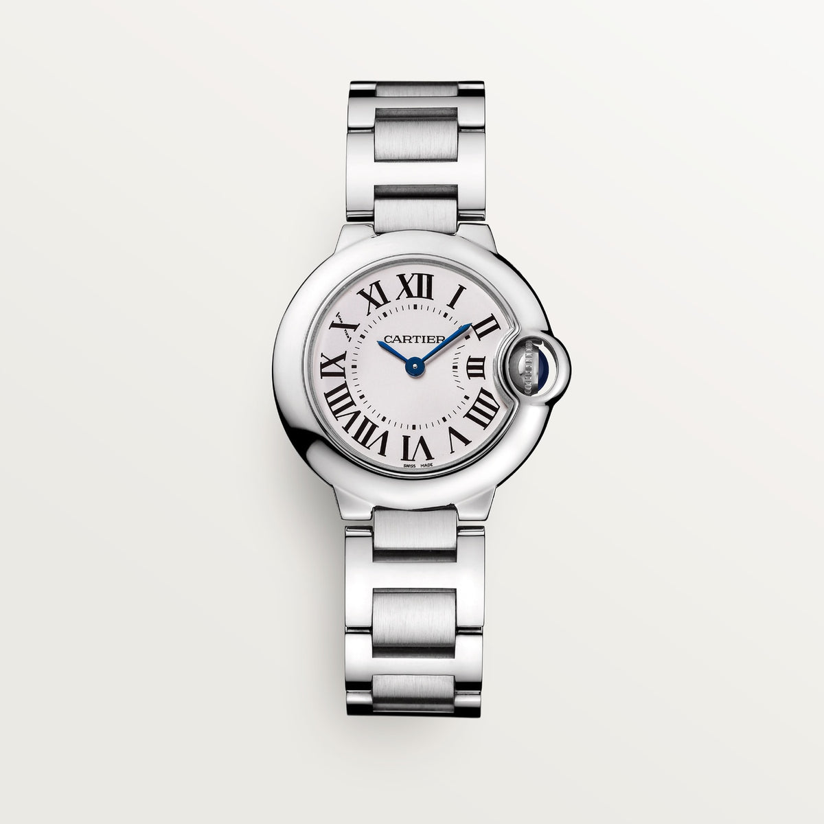 Cartier Ballon Bleu de Cartier women's quartz watch, 33mm case, silver dial, silver stainless steel bracelet – front view