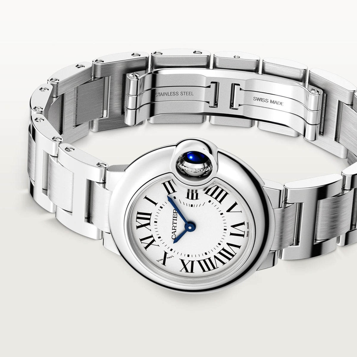 Cartier Ballon Bleu de Cartier women's quartz watch, 33mm case, silver dial, silver stainless steel bracelet – side angle view