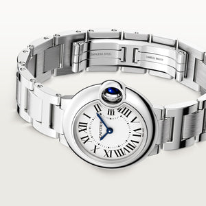 Cartier Ballon Bleu de Cartier women's quartz watch, 33mm case, silver dial, silver stainless steel bracelet – side angle view
