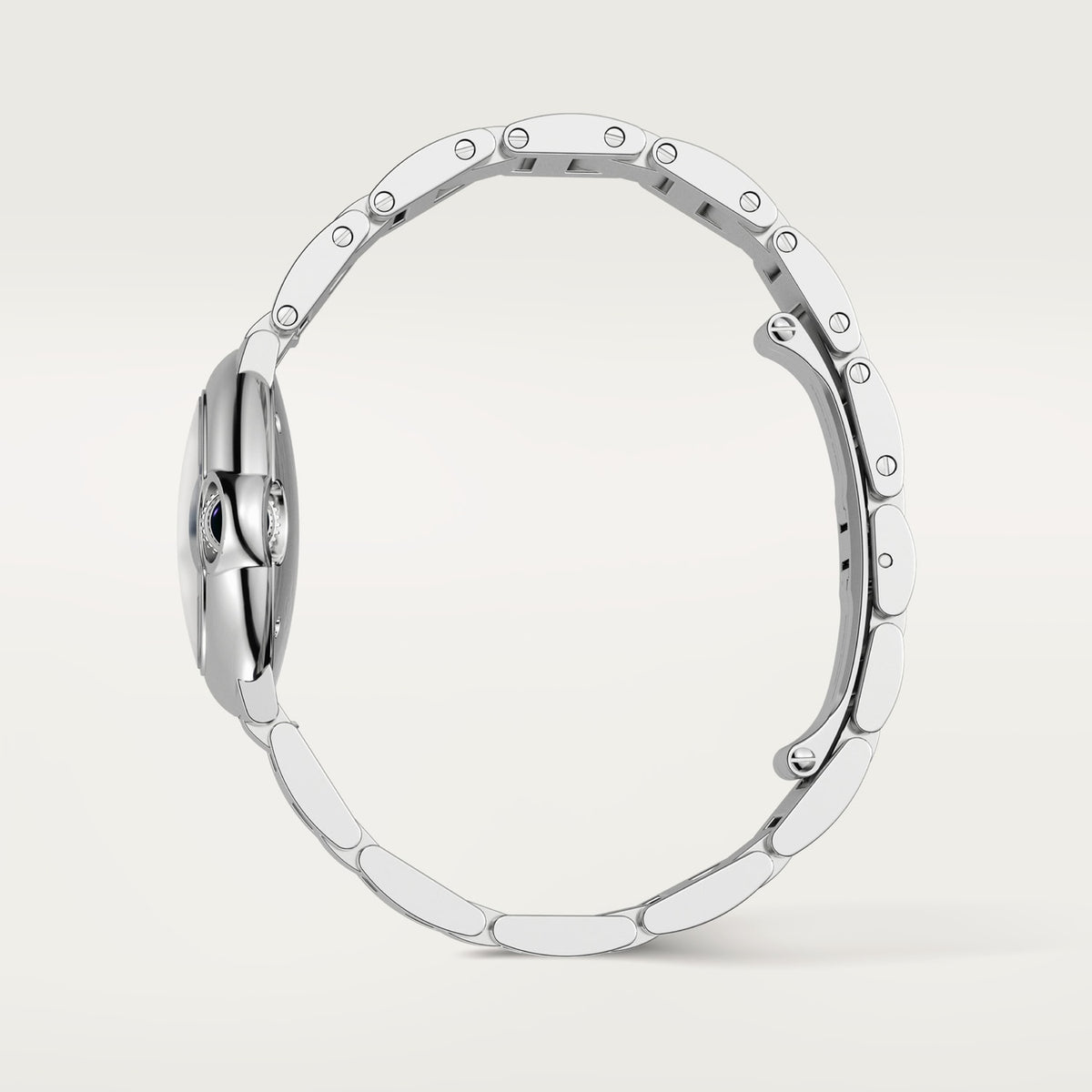 Cartier Ballon Bleu de Cartier women's quartz watch, 33mm case, silver dial, silver stainless steel bracelet – side profile view