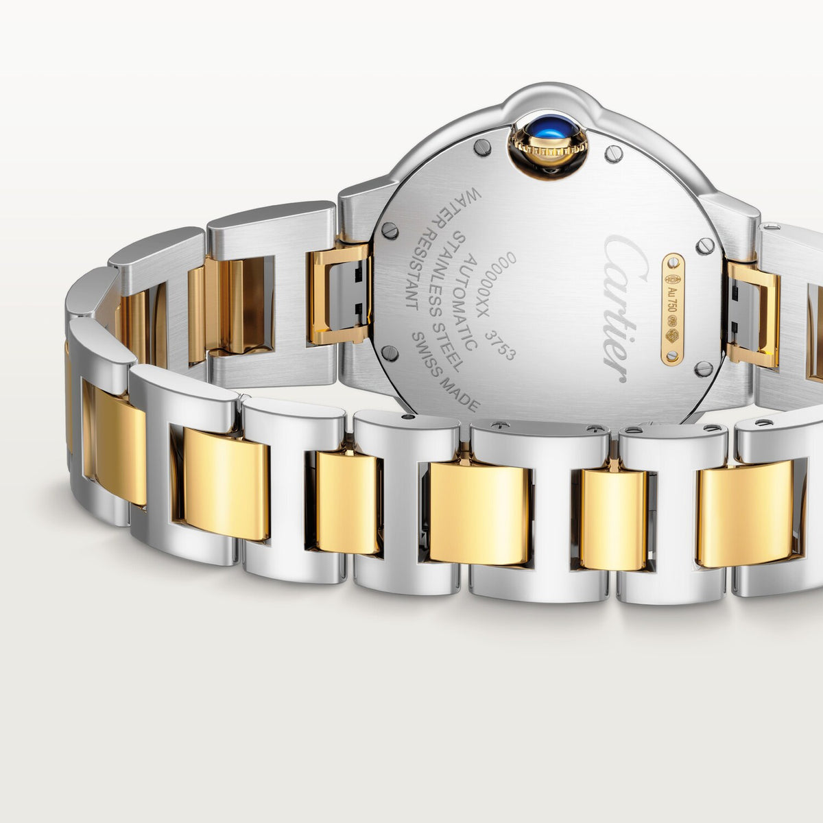 Cartier Ballon Bleu de Cartier women's quartz watch, 33mm case, silver dial, two-tone stainless steel bracelet – caseback bracelet view