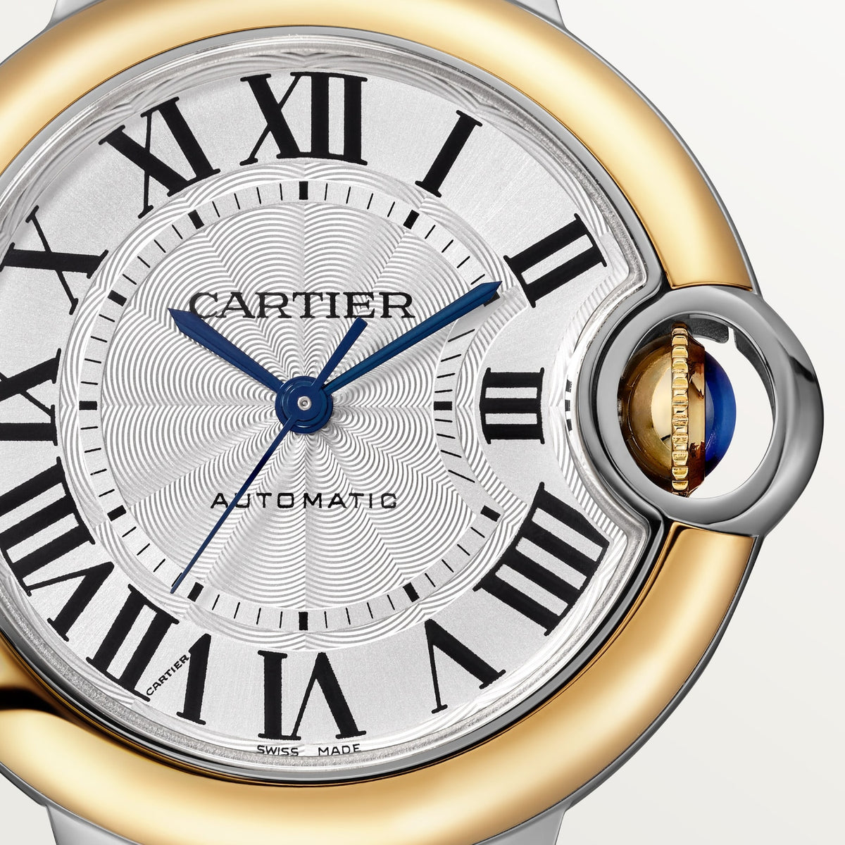 Cartier Ballon Bleu de Cartier women's quartz watch, 33mm case, silver dial, two-tone stainless steel bracelet – dial close-up