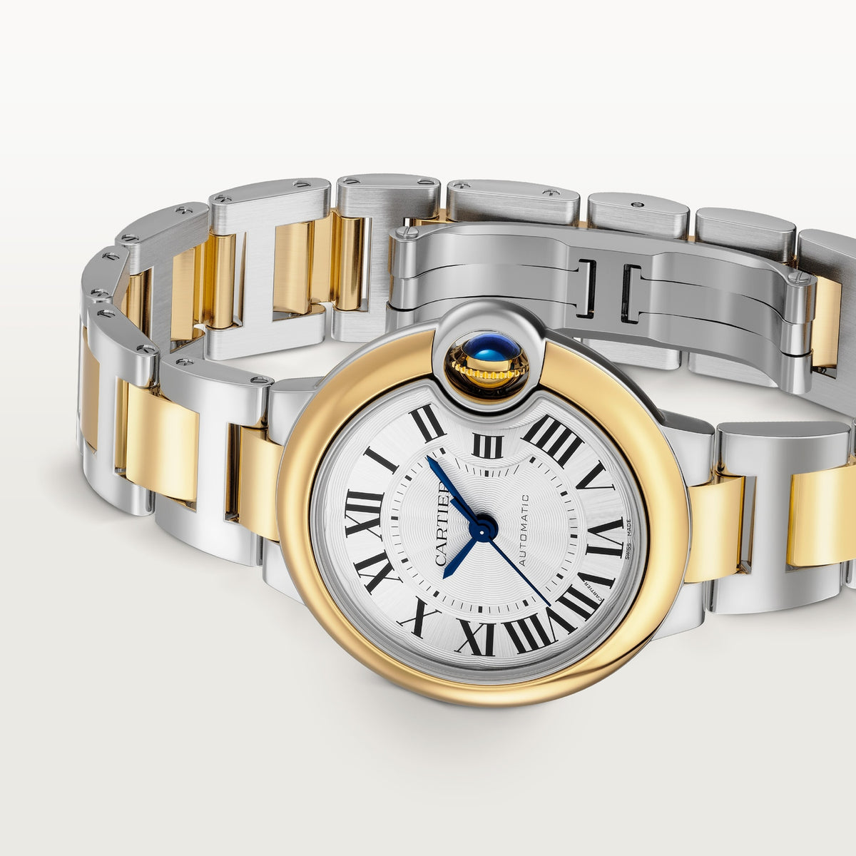Cartier Ballon Bleu de Cartier women's quartz watch, 33mm case, silver dial, two-tone stainless steel bracelet – side angle view