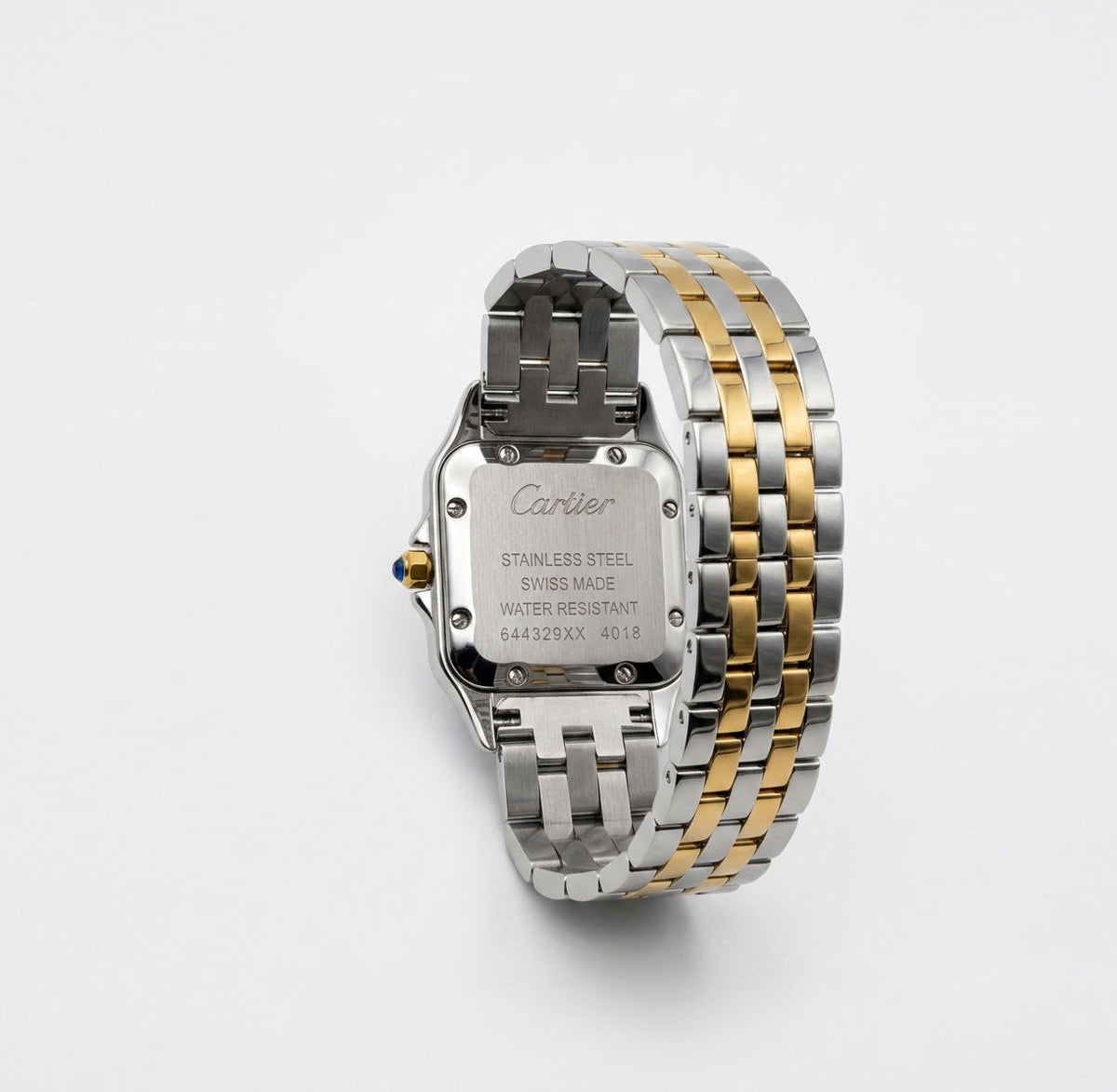Cartier Panthère de Cartier women's quartz watch, medium model case, black dial, two-tone gold-tone stainless steel bracelet – caseback view