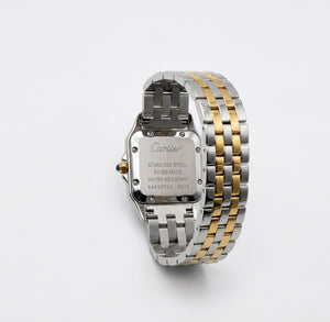 Cartier Panthère de Cartier women's quartz watch, medium model case, black dial, two-tone gold-tone stainless steel bracelet – caseback view