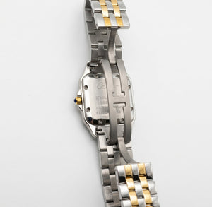 Cartier Panthère de Cartier women's quartz watch, medium model case, black dial, two-tone gold-tone stainless steel bracelet – side view
