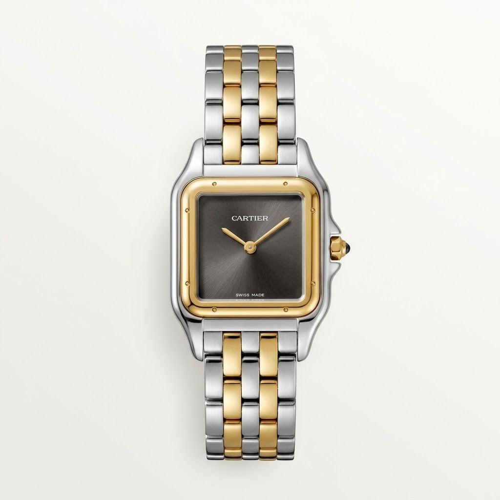 Cartier Panthère de Cartier women's quartz watch, medium model case, black dial, two-tone gold-tone stainless steel bracelet – view 2