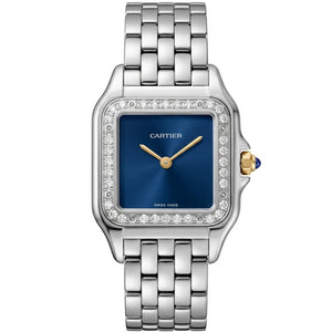 Cartier Panthère de Cartier women's quartz watch, medium model case, blue dial, stone-set bezel, silver stainless steel bracelet – view 1