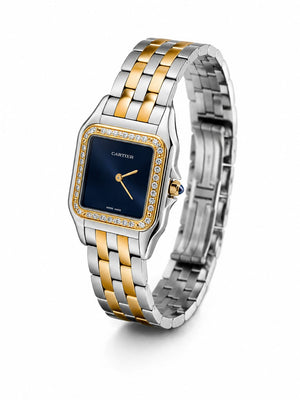 Cartier Panthère de Cartier women's quartz watch, medium model case, blue dial, stone-set bezel, two-tone gold-tone stainless steel bracelet – angle view