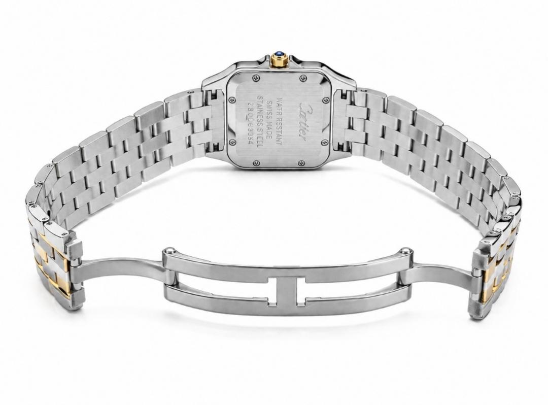 Cartier Panthère de Cartier women's quartz watch, medium model case, blue dial, stone-set bezel, two-tone gold-tone stainless steel bracelet – clasp view