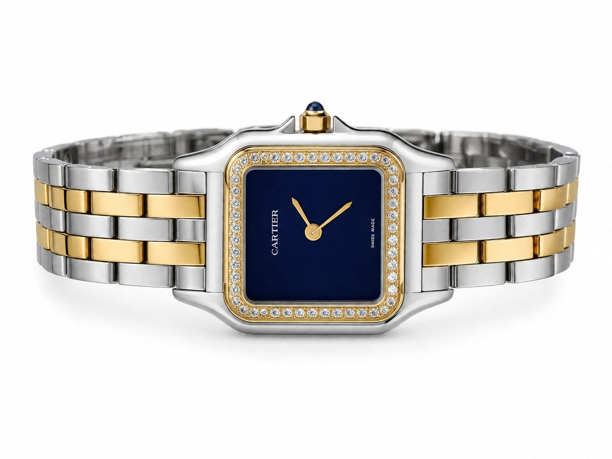 Cartier Panthère de Cartier women's quartz watch, medium model case, blue dial, stone-set bezel, two-tone gold-tone stainless steel bracelet – flat lay view