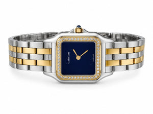 Cartier Panthère de Cartier women's quartz watch, medium model case, blue dial, stone-set bezel, two-tone gold-tone stainless steel bracelet – flat lay view