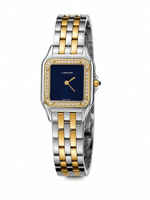 Cartier Panthère de Cartier women's quartz watch, medium model case, blue dial, stone-set bezel, two-tone gold-tone stainless steel bracelet – front view