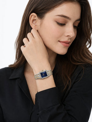 Cartier Panthère de Cartier women's quartz watch, medium model case, blue dial, stone-set bezel, two-tone gold-tone stainless steel bracelet – lifestyle view