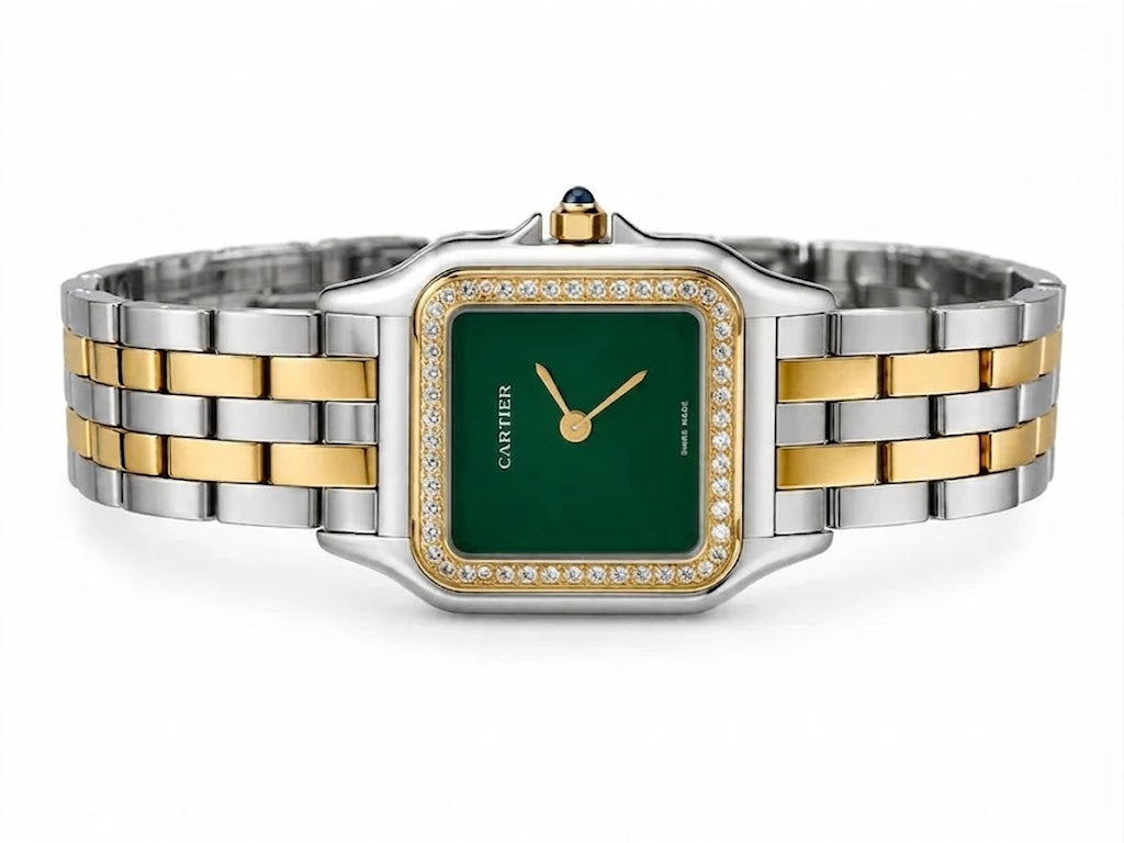 Cartier Panthère de Cartier women's quartz watch, medium model case, green dial, stone-set bezel, two-tone gold-tone stainless steel bracelet – flat lay view