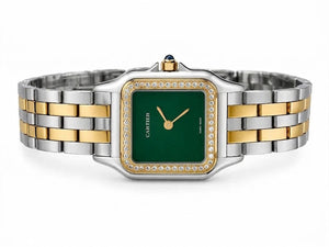 Cartier Panthère de Cartier women's quartz watch, medium model case, green dial, stone-set bezel, two-tone gold-tone stainless steel bracelet – flat lay view