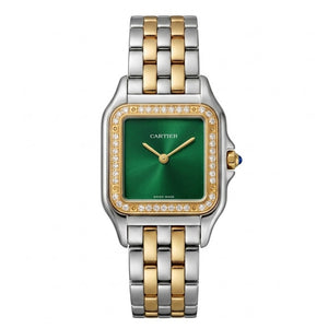 Cartier Panthère de Cartier women's quartz watch, medium model case, green dial, stone-set bezel, two-tone gold-tone stainless steel bracelet – view 2