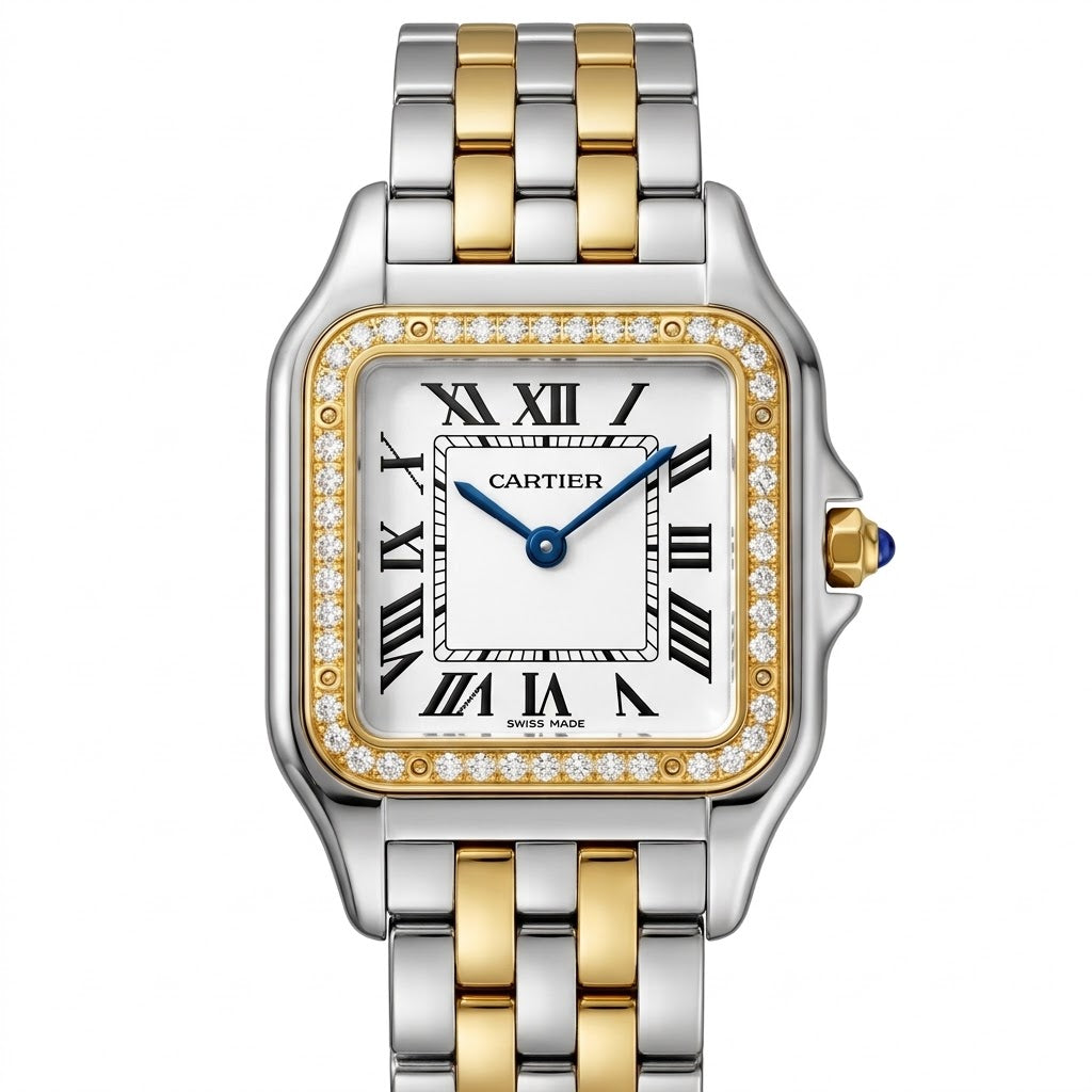 Cartier Panthère de Cartier women's quartz watch, medium model case, silver dial, stone-set bezel, two-tone gold-tone stainless steel bracelet – view 1